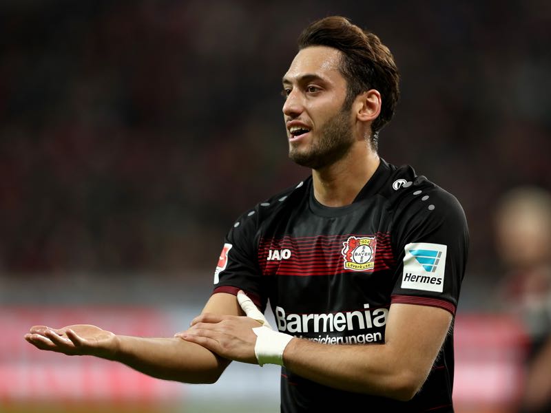 Hakan Calhanoglu of Bayer Leverkusen gestures during the Bundesliga match between Bayer 04 Leverkusen and Borussia Moenchengladbach at BayArena on January 28, 2017 in Leverkusen, Germany. (Photo by Lars Baron/Bongarts/Getty Images)