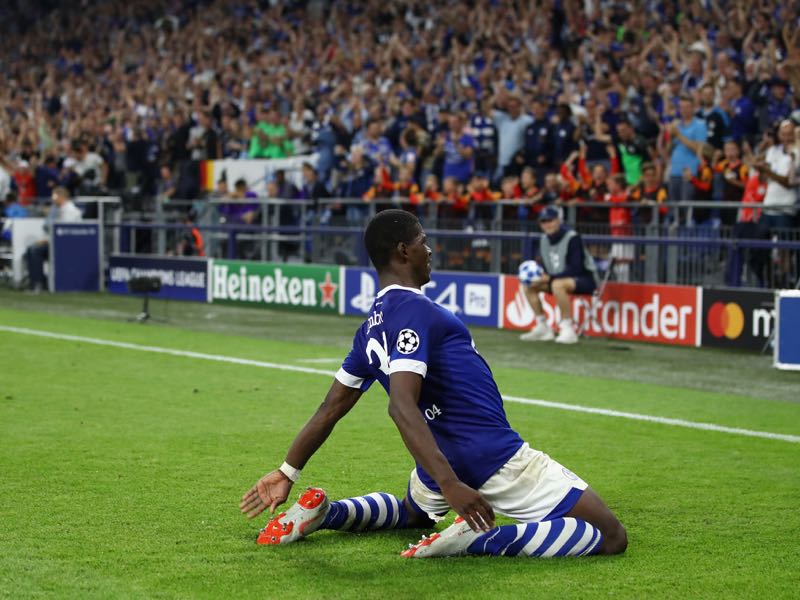 Schalke v Porto - Breel Embolo of FC Schalke 04 celebrates after he scored his sides first goal during the Group D match of the UEFA Champions League between FC Schalke 04 and FC Porto at Veltins-Arena on September 18, 2018 in Gelsenkirchen, Germany. (Photo by Maja Hitij/Bongarts/Getty Images)