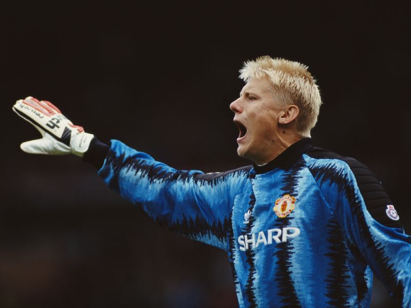  Manchester United goalkeeper Peter Schmeichel in action during a League Division One match between Manchester United and Liverpool at Old Trafford on October 5, 1991 in Manchester, England. (Photo by Ben Radford/Allsport UK/Getty Images)