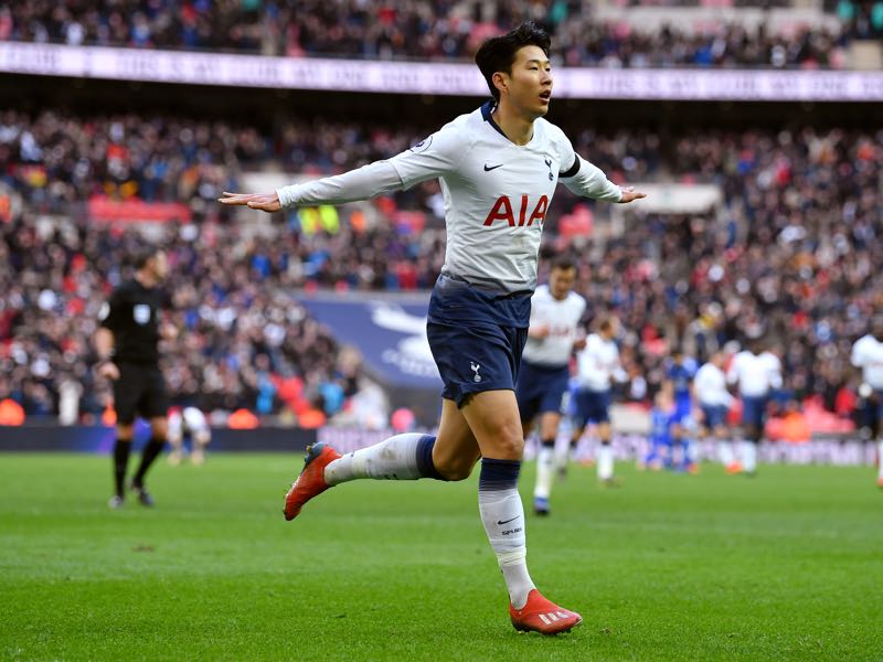 Heung-Min Son of Tottenham Hotspur celebrates scoring his teams third goal during the Premier League match between Tottenham Hotspur and Leicester City at Wembley Stadium on February 10, 2019 in London, United Kingdom. (Photo by Justin Setterfield/Getty Images)