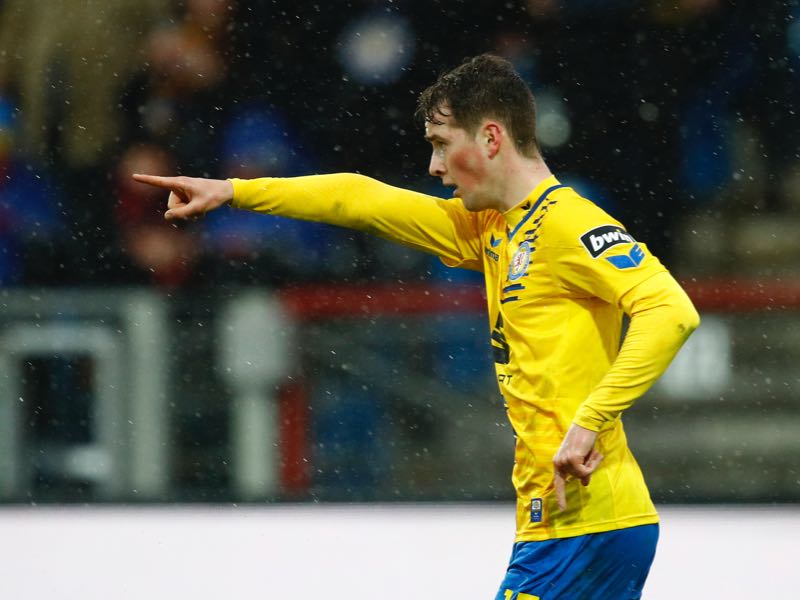 Yari Otto of Braunschweig celebrates the goal 1:1 for Braunschweig during the 3. Liga match between Eintracht Braunschweig and FC Wuerzburger Kickers at Eintracht Stadion on March 9, 2019 in Braunschweig, Germany. (Photo by Joachim Sielski/Bongarts/Getty Images)