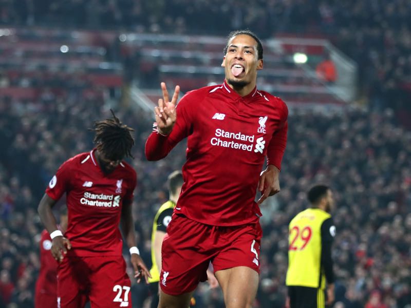 Virgil van Dijk of Liverpool celebrates after scoring his team's fifth goal during the Premier League match between Liverpool FC and Watford FC at Anfield on February 27, 2019 in Liverpool, United Kingdom. (Photo by Clive Brunskill/Getty Images)