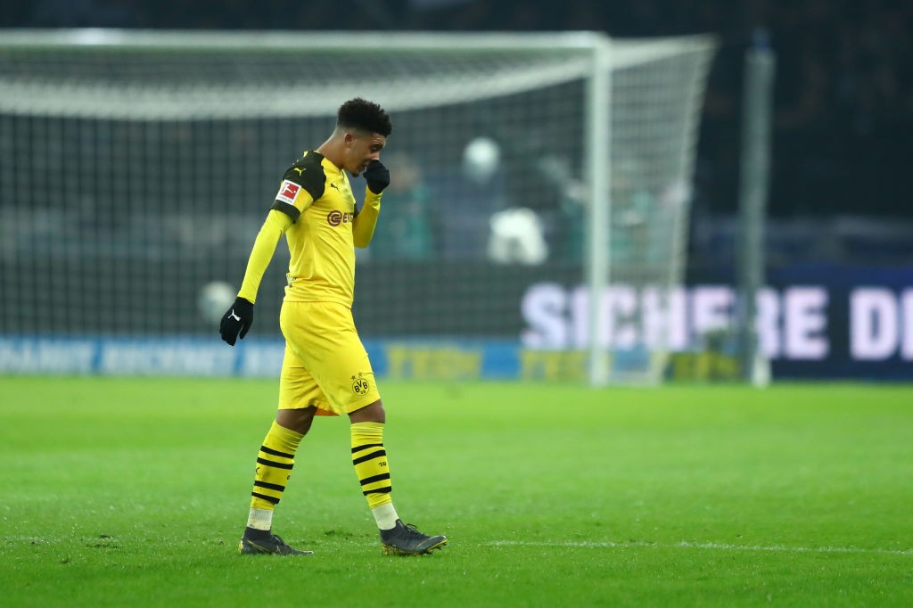 Jadon Sancho looks dejected at half-time, but his second-half performance would ensure Dortmund capture all three points. (Photo by Martin Rose/Bongarts/Getty Images)