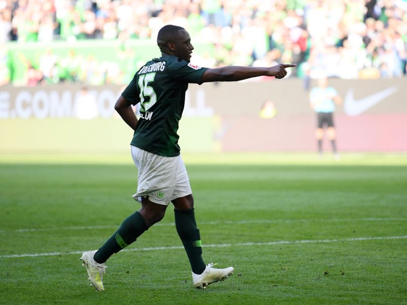 Jerome Roussillon of VfL Wolfsburg celebrates after scoring his team's third goal during the Bundesliga match between VfL Wolfsburg and Hannover 96 at Volkswagen Arena on April 06, 2019 in Wolfsburg, Germany. (Photo by Stuart Franklin/Bongarts/Getty Images)