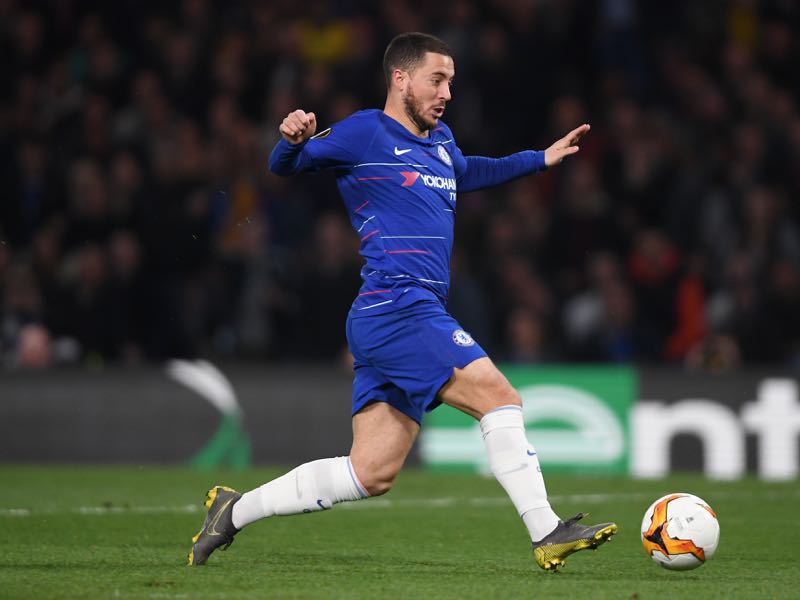 Eden Hazard of Chelsea in action during the UEFA Europa League Quarter Final Second Leg match between Chelsea and Slavia Praha at Stamford Bridge on April 18, 2019 in London, England. (Photo by Mike Hewitt/Getty Images)