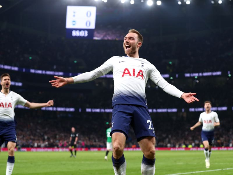 Christian Eriksen of Tottenham Hotspur celebrates after scoring his team's first goal during the Premier League match between Tottenham Hotspur and Brighton & Hove Albion at Tottenham Hotspur Stadium on April 23, 2019 in London, United Kingdom. (Photo by Clive Rose/Getty Images)