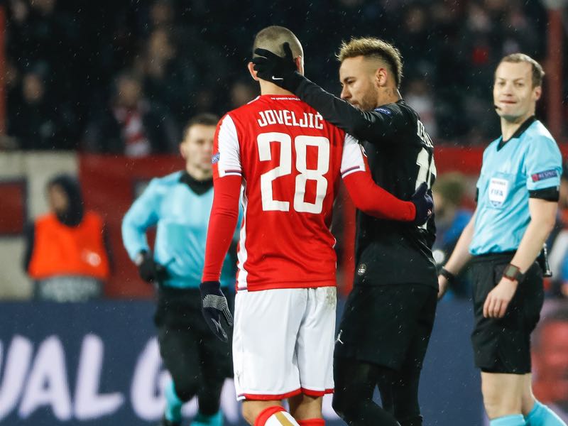 Neymar (R) of Paris Saint-Germain speaks with Dejan Joveljic (L) of Red Star Belgrade after the UEFA Champions League Group C match between Red Star Belgrade and Paris Saint-Germain at Rajko Mitic Stadium on December 11, 2018 in Belgrade, Serbia. (Photo by Srdjan Stevanovic/Getty Images)