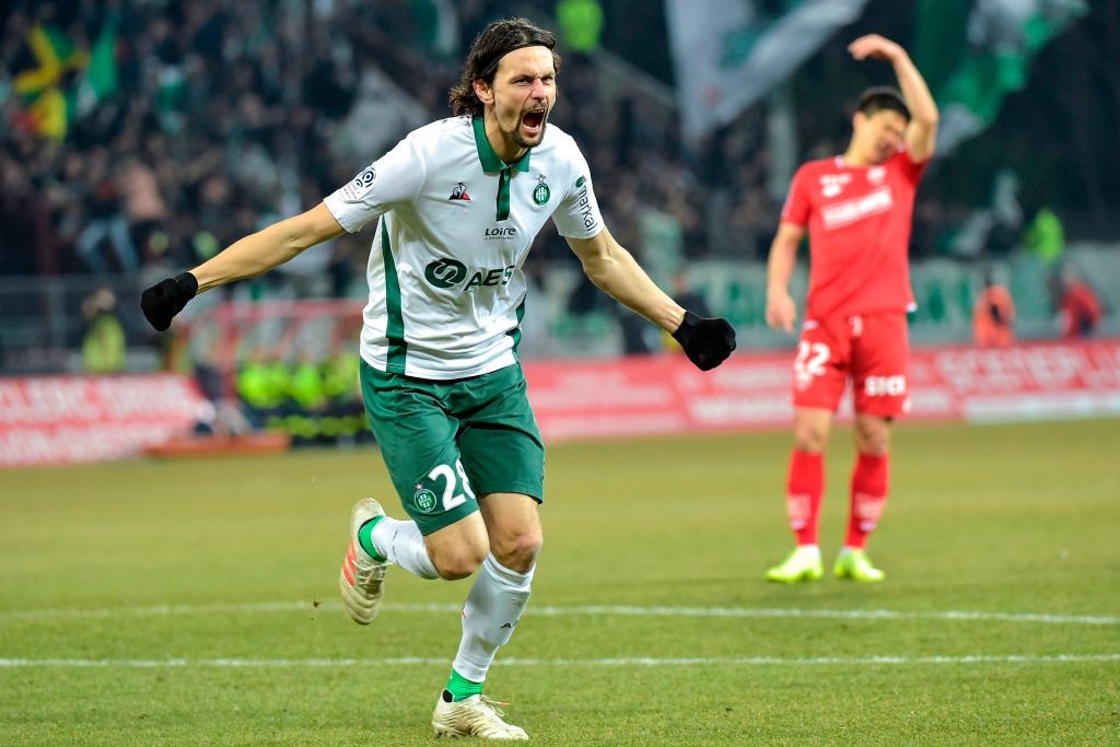 Saint-Etienne's Serbian defender Neven Subotic celebrates after scoring a goal during the French L1 football match between Dijon (DFCO) and Saint-Etienne (ASSE) on February 22, 2019, at the Gaston Gerard Stadium in Dijon, central-eastern France. (Photo by ROMAIN LAFABREGUE / AFP) (Photo credit should read ROMAIN LAFABREGUE/AFP/Getty Images)