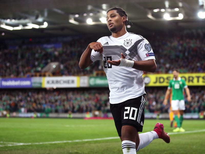 Northern Ireland v Germany - Serge Gnabry of Germany celebrates after scoring his team's second goal during the UEFA Euro 2020 qualifier match between Northern Ireland and Germany at Windsor Park on September 09, 2019 in Belfast, Northern Ireland. (Photo by Alex Grimm/Bongarts/Getty Images)