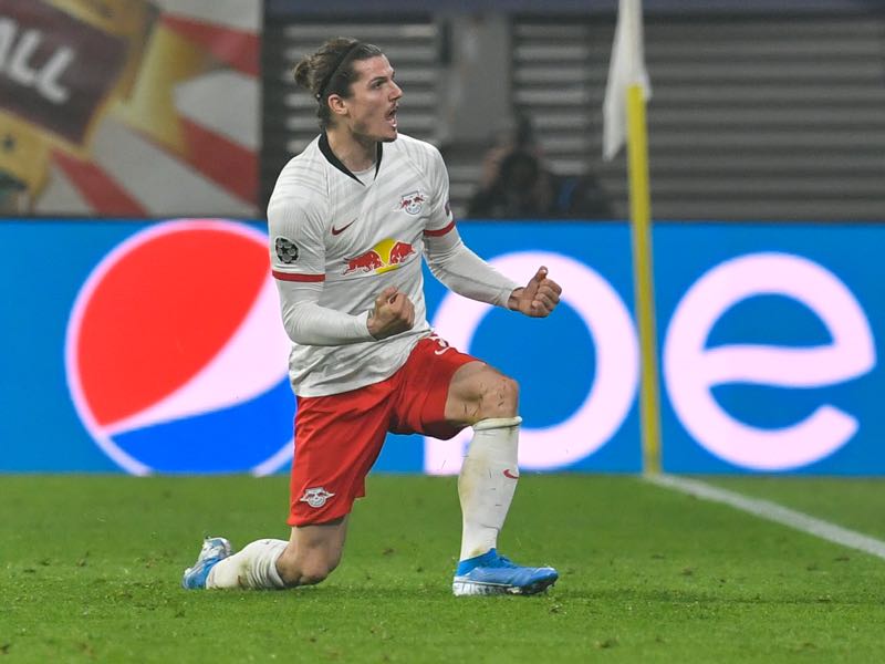 Leipzig v Zenit - Leipzig's Austrian midfielder Marcel Sabitzer celebrates after scoring the 2-1 during the UEFA Champions League Group G football match RB Leipzig vs Zenit St Petersburg in Leipzig, eastern Germany, on October 23, 2019. (Photo by John MACDOUGALL / AFP)